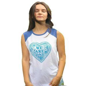 NEW Super Love Tees “We Are One” Muscle Tee MEDIUM white blue heart women's